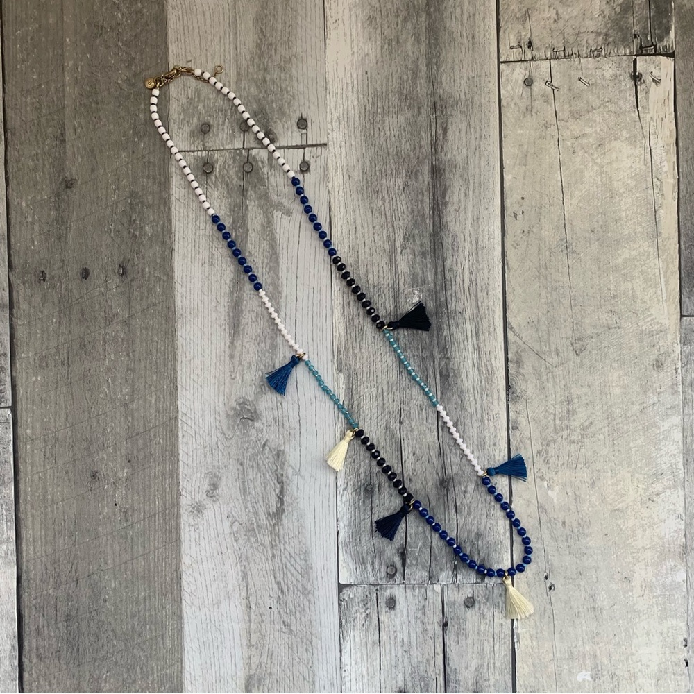 J Crew Asymmetrical Blue & White Beaded Tassel Necklace - 1592